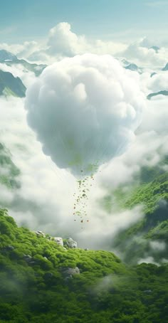 a large white cloud floating over a lush green hillside