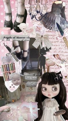 a collage of dolls, clothes and other items