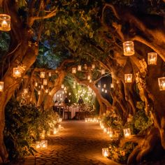 an outdoor dining area with candles lit up in the trees and lanterns hanging from the ceiling