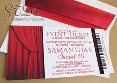 two red and white concert ticket cards on top of each other with the word event ticket printed on them