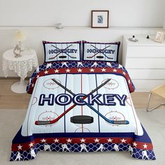 a hockey themed comforter set on a bed