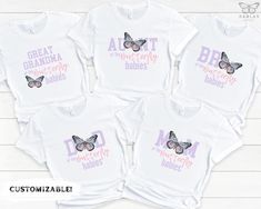 Looking for unique Baby Shower ideas? Well, matching family baby shower shirts are the perfect way to celebrate your exciting baby shower. These shirts will be a hit at your baby shower and we can customize to fit your needs.   Our designs are printed on high-quality gender-neutral shirts made of soft cotton. They are super soft, cozy, durable and come in unisex sizes.  *Need a specific size or COLOR? Send us a message & we will do our best to make it happen for you Please Note: Rolled sleeves i Baby Shower Shirts For Family Design, Customizable Cute Tops For Gender Reveal, Baby Shower T Shirts, Butterfly Gender Reveal, Neutral Shirts, Lilac Butterfly, Baby Grandma, Butterfly Baby Shower Theme, Baby Shower Shirts