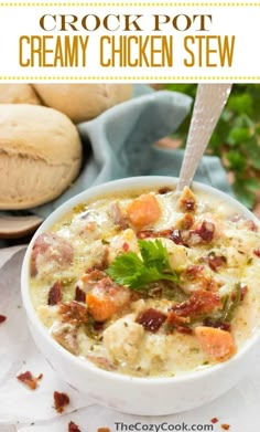 crock pot creamy chicken stew in a white bowl with bread and parsley on the side