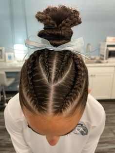 Braids Gymnastics, Braided Hairstyles Basketball, Cute Hairstyles For Gymnastics, Powder Puff Hairstyles, Gymnastics Meet Hair Buns, Braids Into High Bun, Cute Hairstyles For Basketball, Basketball Hairstyles Curly Hair