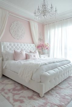 a bedroom with pink walls, white furniture and a chandelier hanging from the ceiling