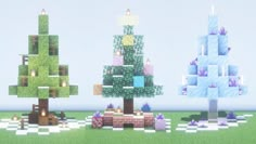 three different types of trees are shown in this minecraft video game image, one is green and the other is blue