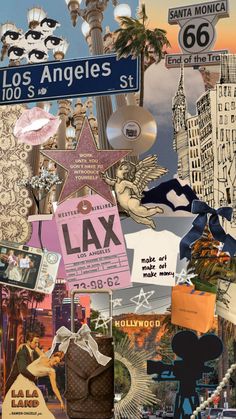 a collage of various images including signs, buildings and street signs with the word lax on them