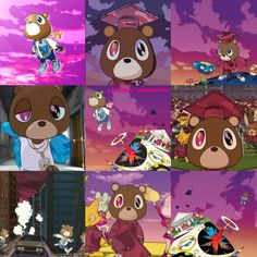 the cartoon bear is doing different things in front of other characters and their faces are animated