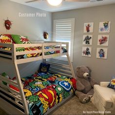 a child's bedroom with bunk beds and toys