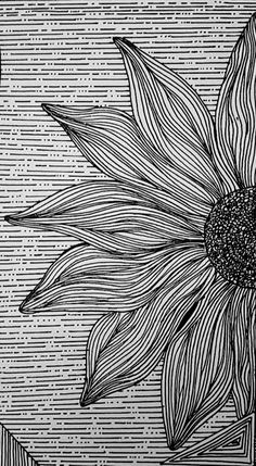 a black and white drawing of a sunflower on a striped background with the word love written below it