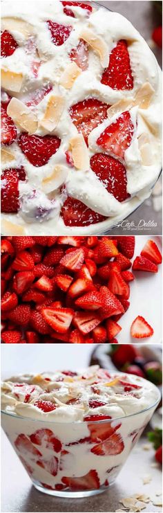 strawberries in a bowl with whipped cream on top and another photo showing the inside