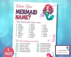 the little mermaid name game is displayed on a blue background with an image of her name and