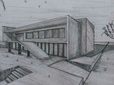 a drawing of a house with stairs leading up to it