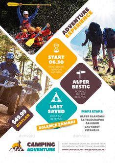 an advertisement for a camping adventure with people on atvs