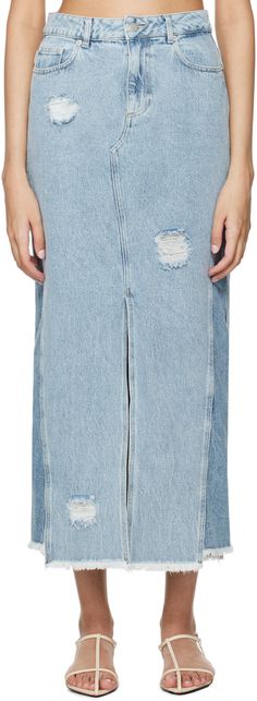 Find HOLZWEILER Blue Louisa Denim Maxi Skirt on Editorialist. Non-stretch denim skirt. Fading and distressing throughout. · Mid-rise · Belt loops · Five-pocket styling · Zip-fly · Vented front hem · Raw edge at hem · Jacron logo patch at back waistband · Silver-tone logo-engraved hardware · Contrast stitching in tan Supplier color: Light blue mix Denim Maxi, Denim Maxi Skirt, Mid Length Skirts, Contrast Stitch, Raw Edge, Color Light, Stretch Denim, Patch Logo, Denim Skirt