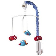 a blue and red bird mobile hanging from a white ceiling fixture with two birds on it's sides