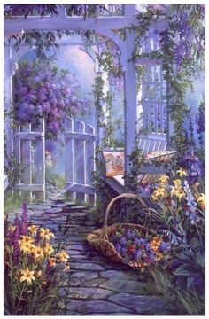 a painting of a garden with flowers and a bench