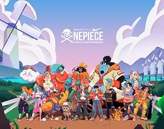 cartoon characters are standing in front of windmills and clouds with the words neppecc on them