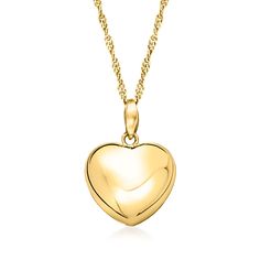 Ross-Simons - Italian 18kt Gold Over Sterling Puffed Heart Pendant Necklace. Fall in love with our charming puffed heart pendant necklace! Glowing in 18kt gold over sterling silver - it's perfect for daily wear. Singapore chain adjusts from choker length to 24". Lobster clasp, puffed heart pendant necklace. Silver Necklace For Women, Gold Heart Locket, Puffed Heart, Heart Locket, Gold Heart, Heart Pendant Necklace, Eras Tour, Heart Of Gold, Necklace For Women