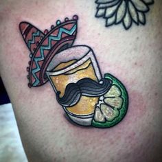 a tattoo with a moustache and a mustache on the side of a man's stomach