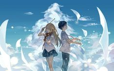 two anime characters are standing in front of the sky and clouds with their backs to each other