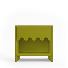 an image of a green nightstand with shelves on it's sides and one drawer open