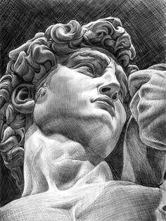 a black and white drawing of a statue with curly hair on it's head