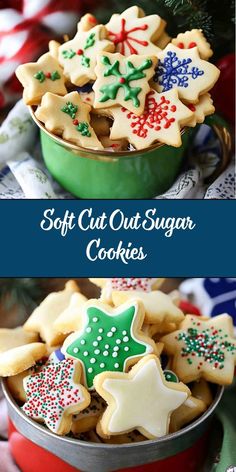 some cookies are in a green bowl and one is decorated with icing on it