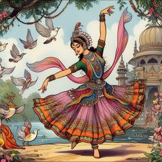 a painting of a woman dancing with birds flying around her