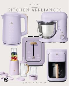 Walmart kitchen appliances, purple, electric kettle, toaster, mixer, personal blender, coffee maker Lilac Kitchen Accessories, Purple Aesthetic Kitchen, Purple Kitchen Supplies, Lilac Kitchen Ideas, Purple Kitchen Decor Ideas, Lilac Kitchen Decor, Lavender Kitchen Accessories, Purple Home Aesthetic, Pastel Kitchen Appliances