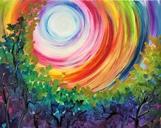 a painting of trees and the sky with colorful swirls in it's center