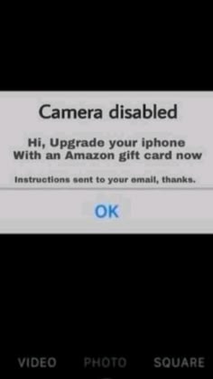 the camera disabled button on an amazon gift card is shown in this screenshot from video