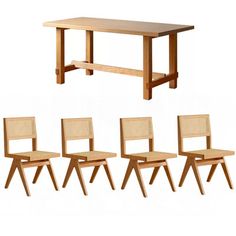 four wooden chairs and a table with one chair on the other side, all in different positions