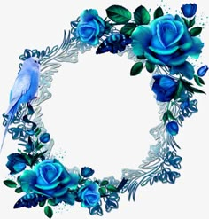 blue roses and leaves are arranged in a circular frame with an empty space for the text