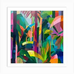 an abstract painting of tropical plants and trees in shades of pink, blue, green, yellow