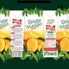 three boxes of mango juice are shown in this image, with the labels on them