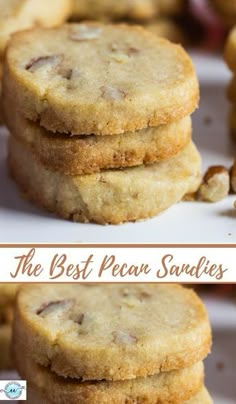 three different pictures of cookies stacked on top of each other with the words pecan sandies above them