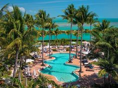 an outdoor swimming pool surrounded by palm trees and blue water in front of the ocean