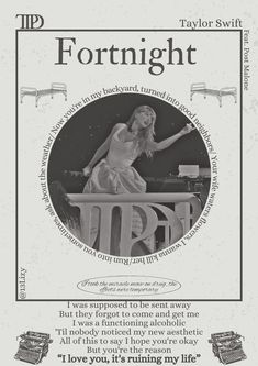 a poster with the words fortnight written in black and white, on top of a table