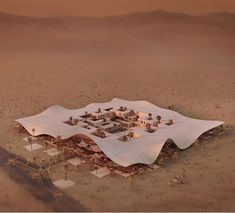 an artist's rendering of a futuristic building in the middle of the desert with mountains in the background