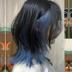 Dark Hair With Blue Streaks, Peekaboo Hair Color Layers, Dark Blue Underdye Hair, Underdye Hair Blue, Peekaboo Haircut, Dark Blue Brown Hair, Blue And Black Hair Short, Dark Blue Highlights In Black Hair, Dark Blue Peekaboo Hair