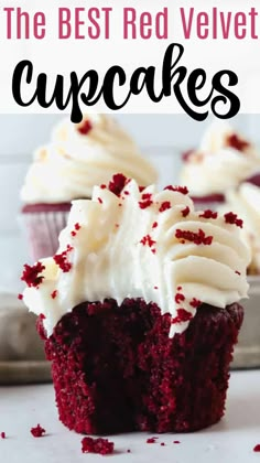 red velvet cupcakes with white frosting and sprinkles on top