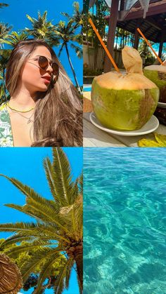 a collage of photos with palm trees and coconuts in the water, including a woman wearing sunglasses