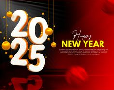 a happy new year card with the number twenty five and decorations hanging from strings on a red background