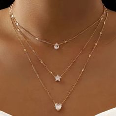 Multilayer Water Drop Love Star Rhinestone Pendant Clavicle Chain Necklace For Women. - Golden Plated. - Luxury Style Fine Jewelry. Fantastic World, Hari Valentine, Multi Layer Necklace, Moon Pendant Necklace, Rhinestone Heart, Star Jewelry, Stone Pendant Necklace, Luxury Style, Girls Necklaces