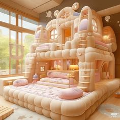 an inflatable castle bed with pink pillows