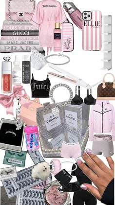 a collage of pink and white items