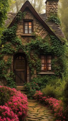 a painting of a stone house with flowers around it