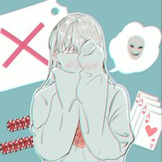 a drawing of a woman holding her face in front of an x sign and playing cards