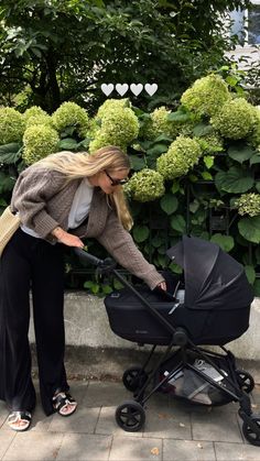 a woman pushing a baby in a stroller on the sidewalk next to some bushes